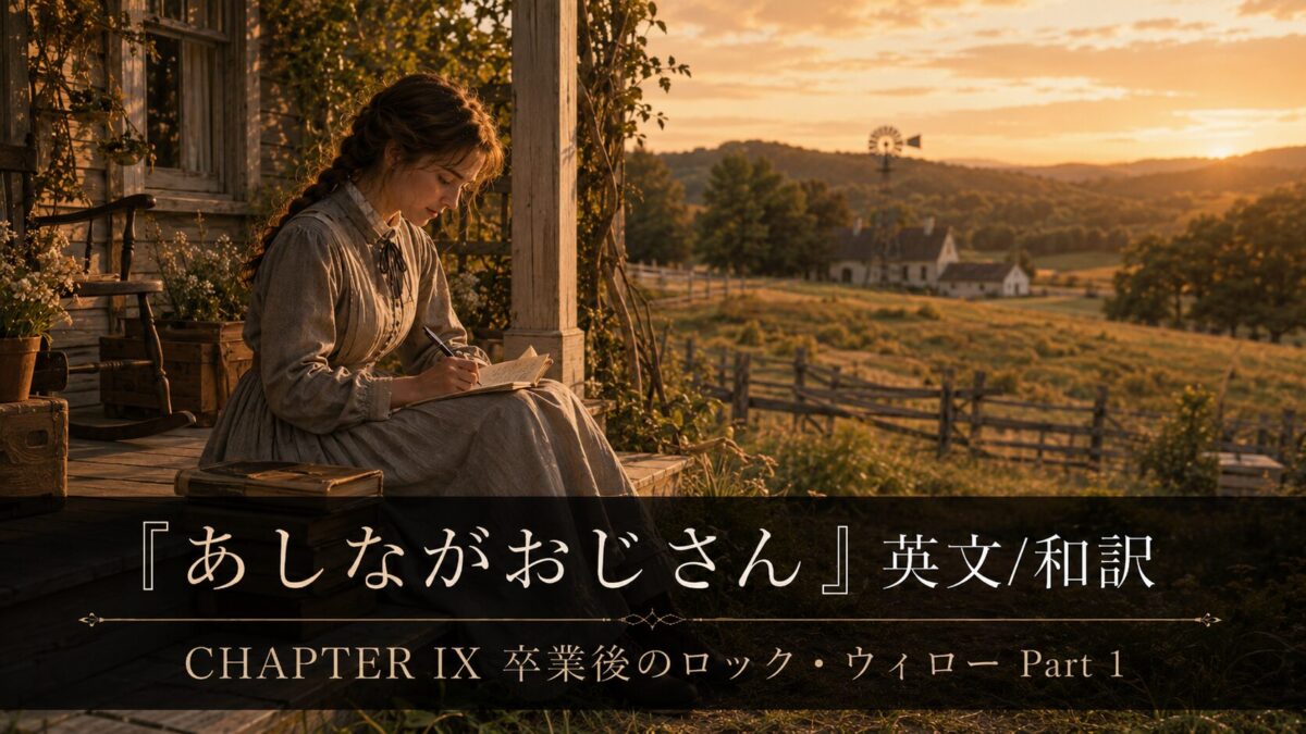 Woman in a vintage gray dress sits on a wooden porch at sunset, writing in a notebook; rural farm landscape in the distance.