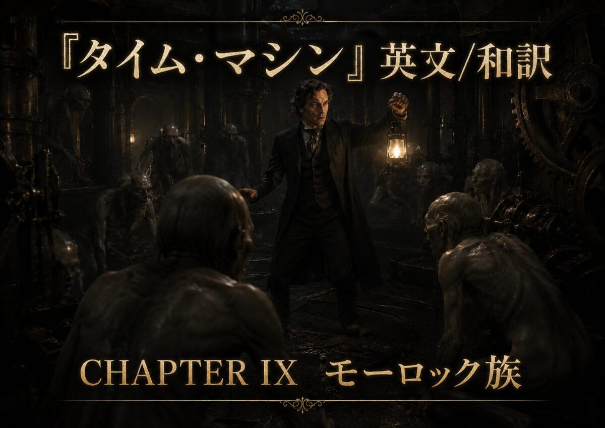 Promotional poster for The Time Machine: Chapter IX Morlock Tribe — man in a coat holding a lantern among Morlocks in a dark underground chamber.