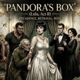 Poster-style illustration for Pandora's Box: a woman in a white gown stands at the center, surrounded by men as chaos and decadence unfold at a lavish casino ball with falling cards and crowd in the background.