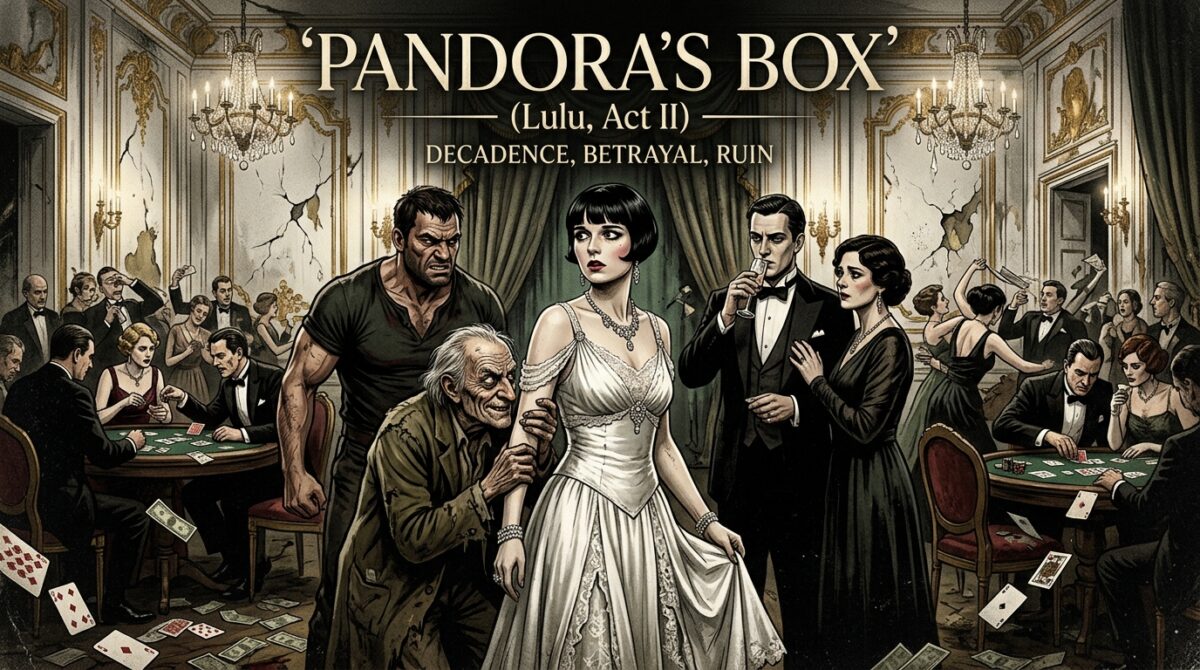 Poster-style illustration for Pandora's Box: a woman in a white gown stands at the center, surrounded by men as chaos and decadence unfold at a lavish casino ball with falling cards and crowd in the background.
