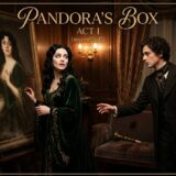 Promotional poster for Pandora's Box: Act I (second half) with a woman in a green velvet gown and a man in period attire in a candlelit, vintage room beside a large portrait framing the scene.