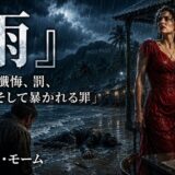 Promotional poster for Rain Part 5, showing a woman in a red dress by a table with a gramophone, during a rainy night on a dark shore; Japanese title and Part 5 text present.