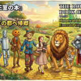 Book cover for The Royal Book of Oz: a colorful scene with Tin Man, Scarecrow, Dorothy with Toto, a lion and a knight walking the yellow brick road toward Emerald City, with title text in English and Japanese on top.