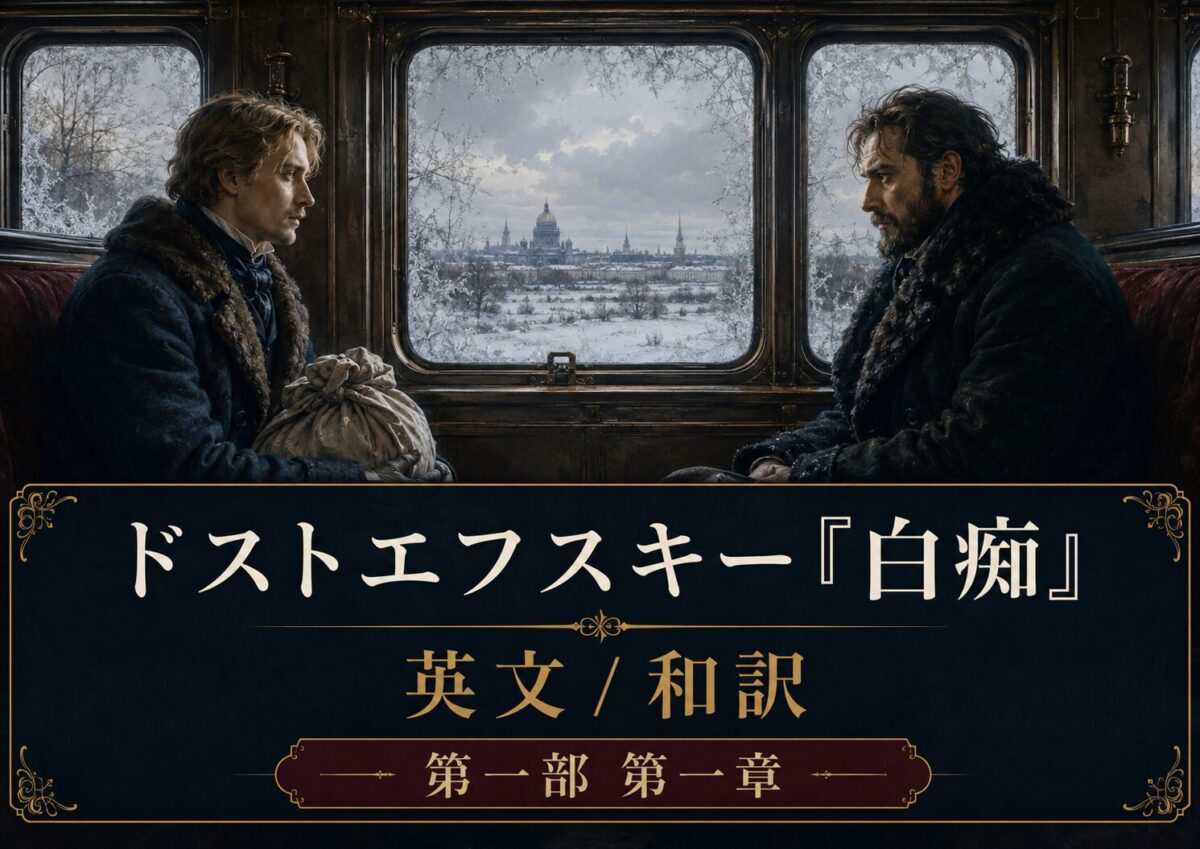 Two men sit facing each other in a vintage train car, a snowy landscape visible through the windows; a decorative banner for Dostoevsky's The Idiot with English/Japanese subtitles is overlaid in the foreground.