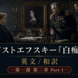 Scene from a period drama: a man sits at a cluttered desk while two other men in military and formal attire stand nearby, with an ornate portrait on the wall and Japanese text about Dostoevski 'The Idiot'—Part 1 poster.