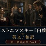 Promotional still: five people in Victorian-era clothing in a dim room; a man on the far right clutches his chest as others look on, with an ornate Japanese banner and text beneath.