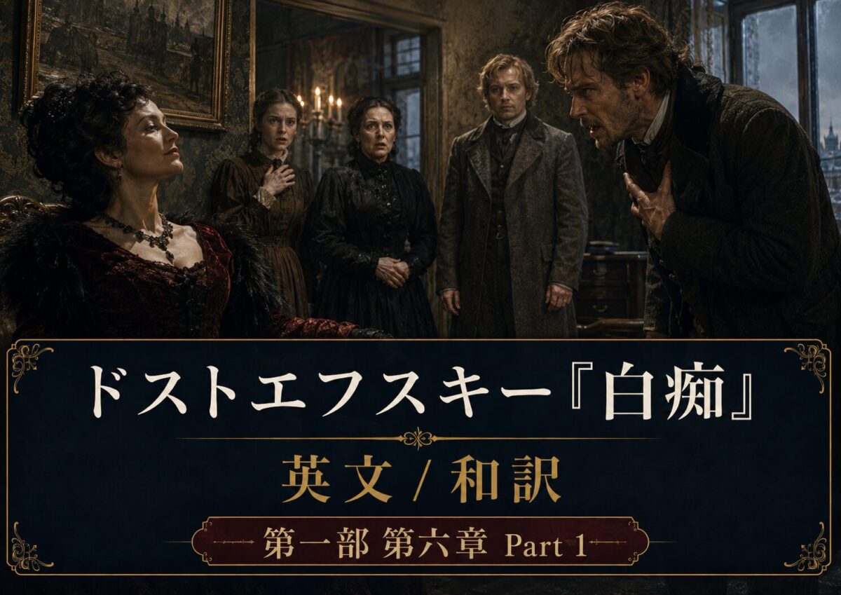 Promotional still: five people in Victorian-era clothing in a dim room; a man on the far right clutches his chest as others look on, with an ornate Japanese banner and text beneath.