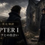 Two men in dark coats stand in a ruined stone village, facing each other under a stormy sky, with CHAPTER I text overlay on the left.