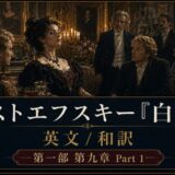 Period drama poster: elegantly dressed people around a richly decorated table in a dim ballroom, with a large banner featuring Dostoevsky『白痴』 English/Japanese translation and Part 1 label.