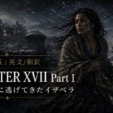 A woman wrapped in a heavy shawl in a snowy, wind-swept landscape with a distant castle; overlay text reads CHAPTER XVII Part 1.