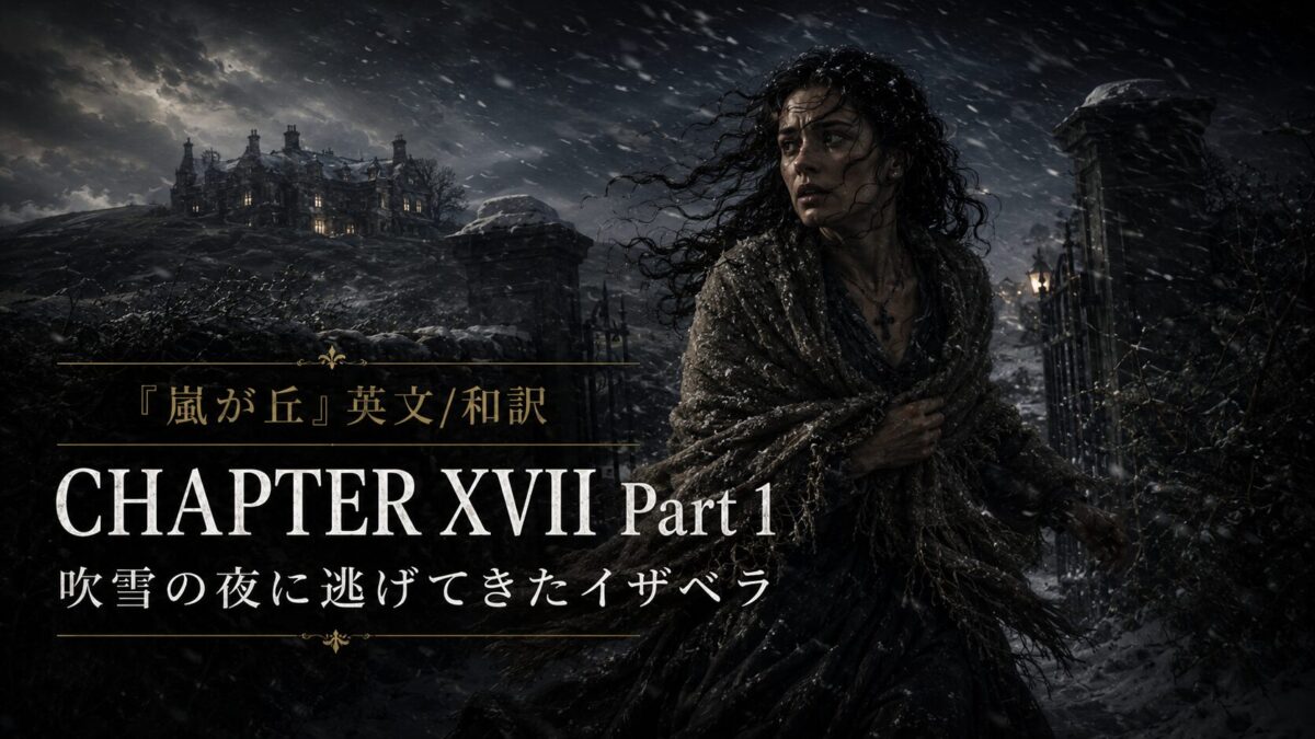 A woman wrapped in a heavy shawl in a snowy, wind-swept landscape with a distant castle; overlay text reads CHAPTER XVII Part 1.