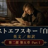 Dimly lit 19th‑century study with a man in period attire reading papers at a desk by candlelight; snowed cityscape visible through the window, ornate border and Japanese/English text promoting Dostoevsky『The Idiot』 Part 1.