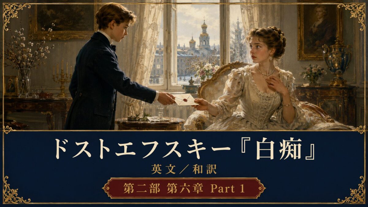 A man in a dark suit hands a letter to a woman in an ornate 19th‑century dress in a luxurious parlor with a city view through the window.
