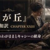 Historical drama poster: a woman tending a man on a sofa, with Japanese title and 'Chapter XXIII' text, and a countryside view through a window.