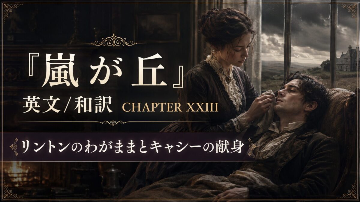 Historical drama poster: a woman tending a man on a sofa, with Japanese title and 'Chapter XXIII' text, and a countryside view through a window.