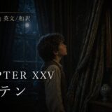 Young boy in a dim, antique room gazes up at a framed portrait, with 'Chapter XXV' text across the scene.