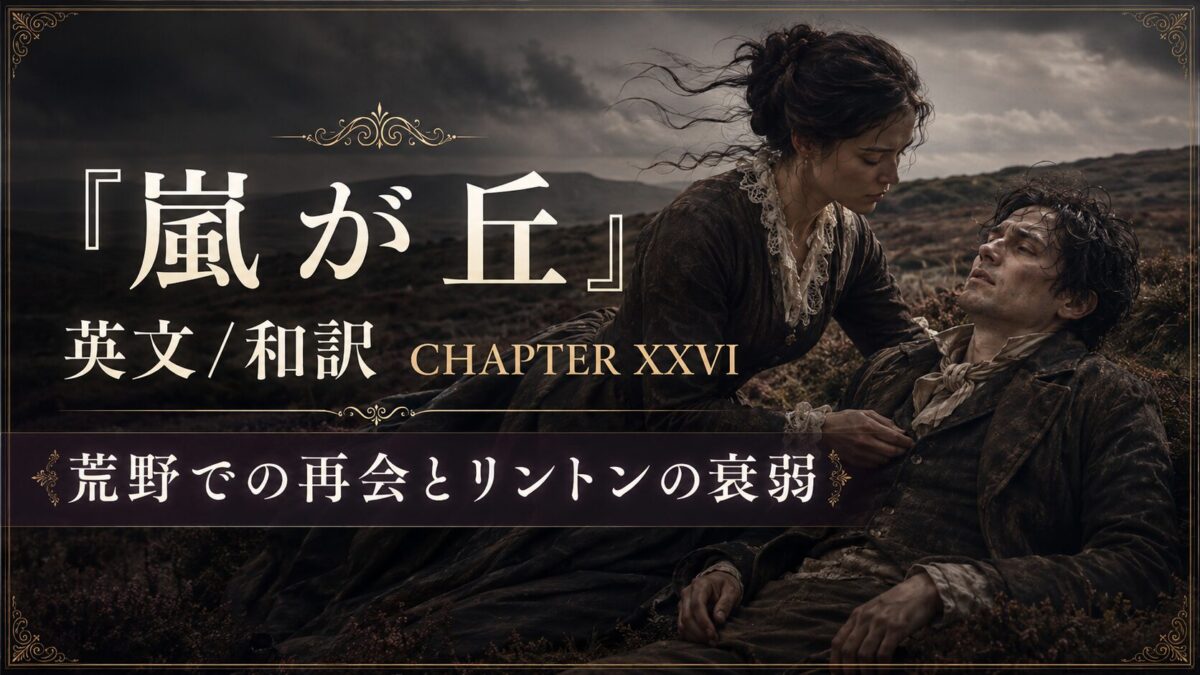 Period drama poster: a woman tends to a wounded man outdoors; Chapter XXVI, Japanese subtitle on a dark moor.
