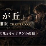 Dark promotional banner for『嵐が丘』chapter XXX: a distressed Victorian woman beside a sick man in bed in a dim candlelit room. ornate border.