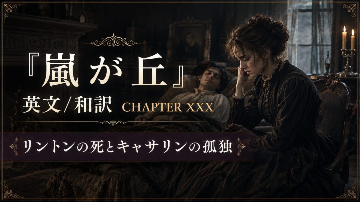 Dark promotional banner for『嵐が丘』chapter XXX: a distressed Victorian woman beside a sick man in bed in a dim candlelit room. ornate border.