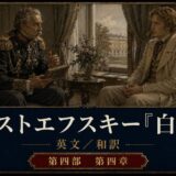 Poster for Dostoevsky 'Idiot' showing an older decorated officer reading to a younger man in a luxurious room, with Japanese title and gold borders on the frame.