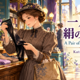 ケイト・ショパン『一足の絹の靴下』の表紙。十九世紀末の百貨店で、ソマーズ夫人が黒い絹の靴下を手に取り、艶と手触りを確かめています。