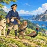 軍扇を持つ桃太郎が、旗を持つ犬、刀を持つ猿、色鮮やかな雉とともに、海の向こうの鬼ヶ島を望む表紙イラスト