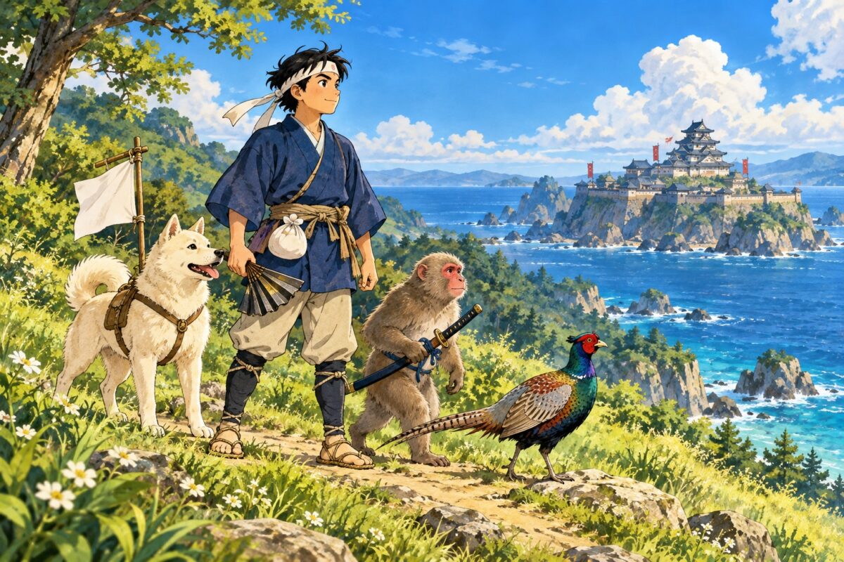 軍扇を持つ桃太郎が、旗を持つ犬、刀を持つ猿、色鮮やかな雉とともに、海の向こうの鬼ヶ島を望む表紙イラスト