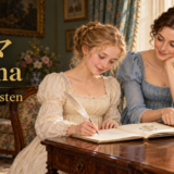 エマとハリエットが手紙を囲む物語イラスト。「エマ」「Emma」「Jane Austen」の文字入り。