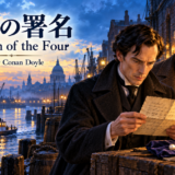 四つの署名。ロンドンの夕景と、灯りの下で手紙を調べるホームズを描いたオリジナル表紙。