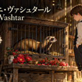 スレドニ・ヴァシュタールの表紙。少年コンラディンが秘密の小屋で飼われたフェレットを見つめ、冠羽のある鶏がそばに立つ。