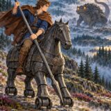 北の竜を倒す旅に出た青年が、車輪付きの鉄の馬に乗り、鉄の槍を持つ。そばをカラスが飛び、遠くに巨大な怪物が迫る。
