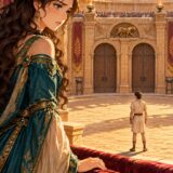 二つの閉じた扉の前に立つ青年を、王女が闘技場の観覧席から見つめる場面。フランク・R・ストックトン『女か虎か？』の表紙。