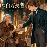 模範的な百万長者 — 画家のアトリエで、青年ヒューイが物乞い姿の老人に金貨を渡す表紙