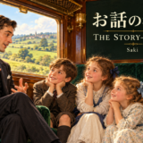 サキ『お話の名人』。列車の客室で独身の男が三人の子供に物語を語り、叔母が見守る表紙。