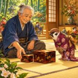 竹林の雀のお宿で、心優しいおじいさんが雀の奥さまから小さな贈り物の箱を選ぶ場面