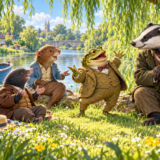 『たのしい川べ』の表紙。柳のある川辺で、モグラ、川ネズミ、ヒキガエル、アナグマが語り合っている。